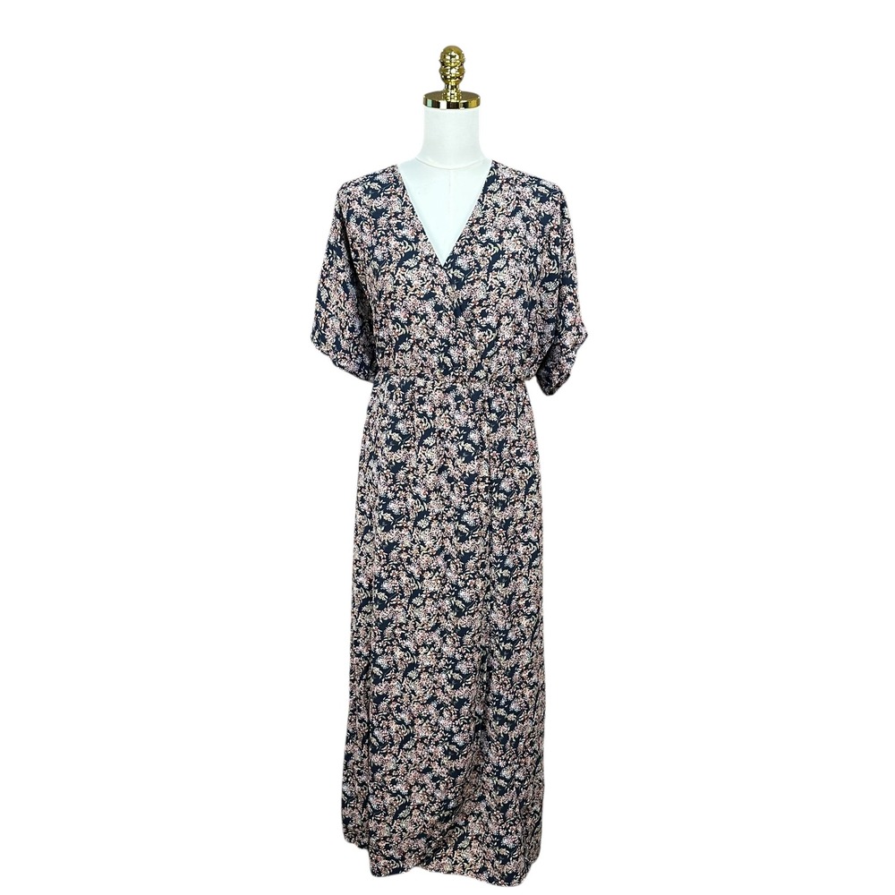 Delancey Studio Womens 3X Navy Blue Floral V-Neck Maxi Dress Short Sleeve Slit
